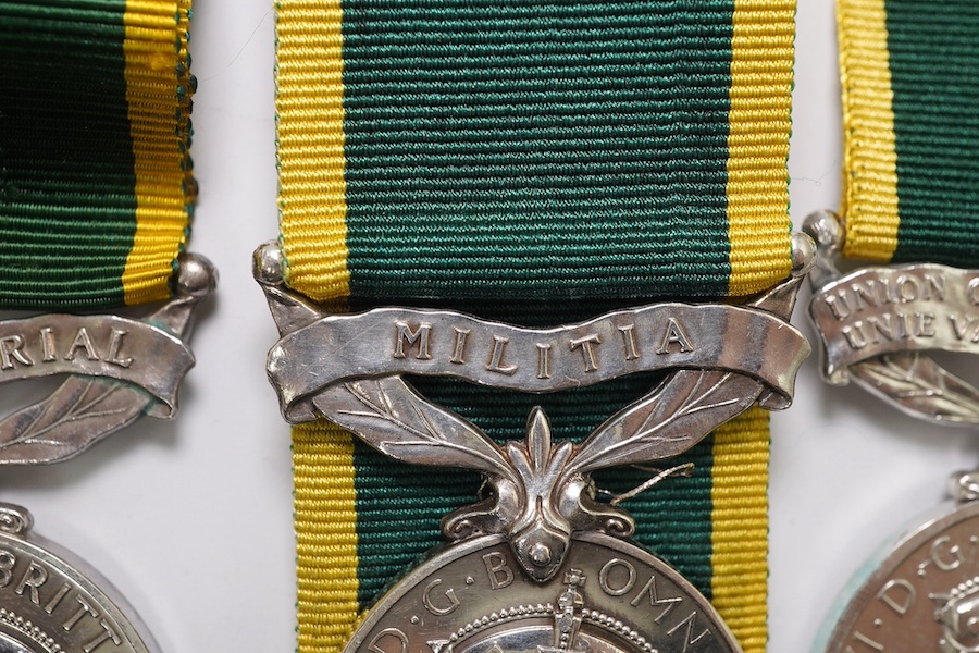 Six assorted Efficiency medals; GV (C) India to Pte.F.S.Slee,1 E.I.RY.R.,A.F.I.;GV (A) Territorial to 477046 Sjt H.W.Pawley, R.A.M.C.; GVI Militia to 2313197 Sclmn.S.H.Dummer, R.Signals.; GVI Territorial to 1434970 Gnr C